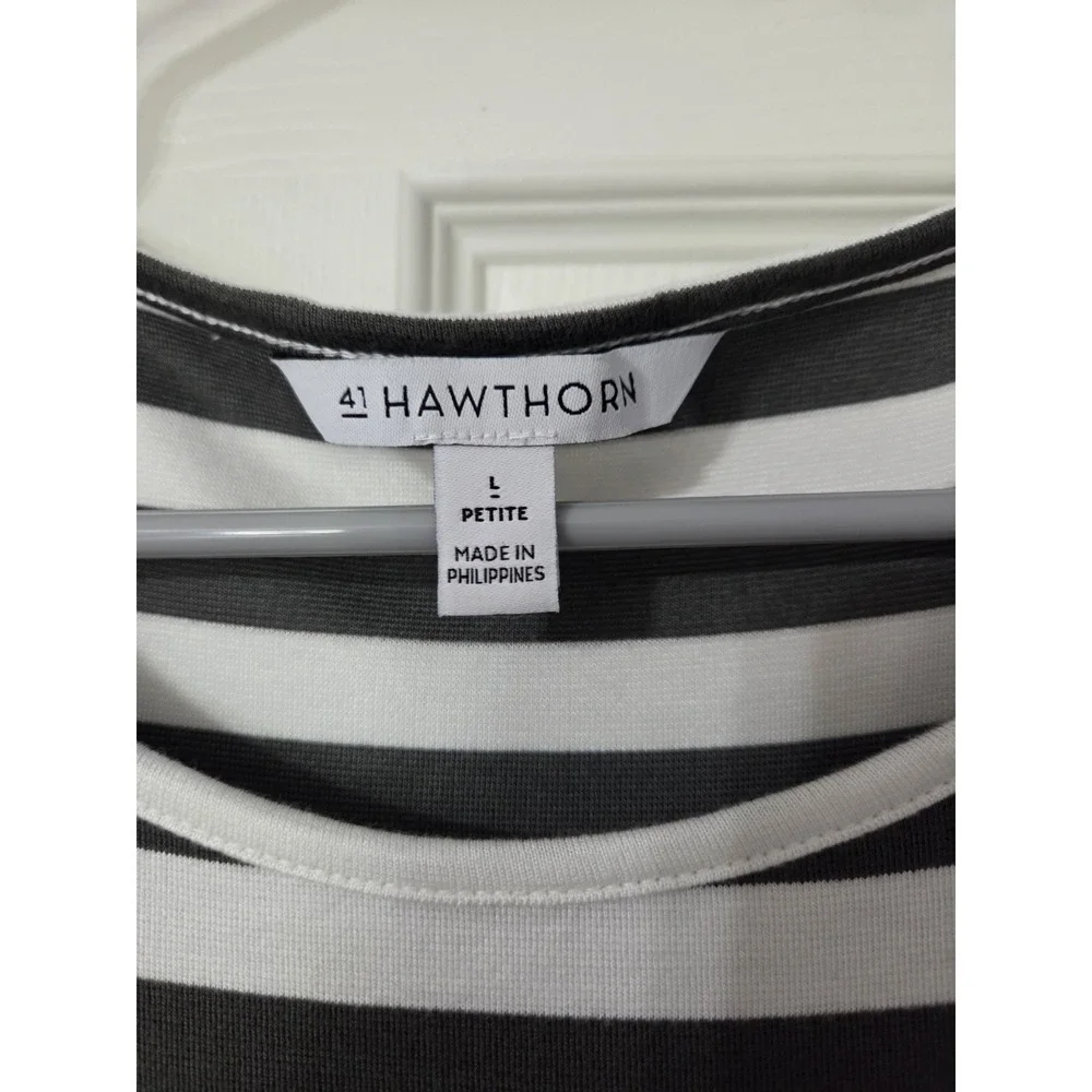 41 Hawthorn Brigitte Knit Dress Olive Green White Striped Size Petite Large - Picture 2 of 4